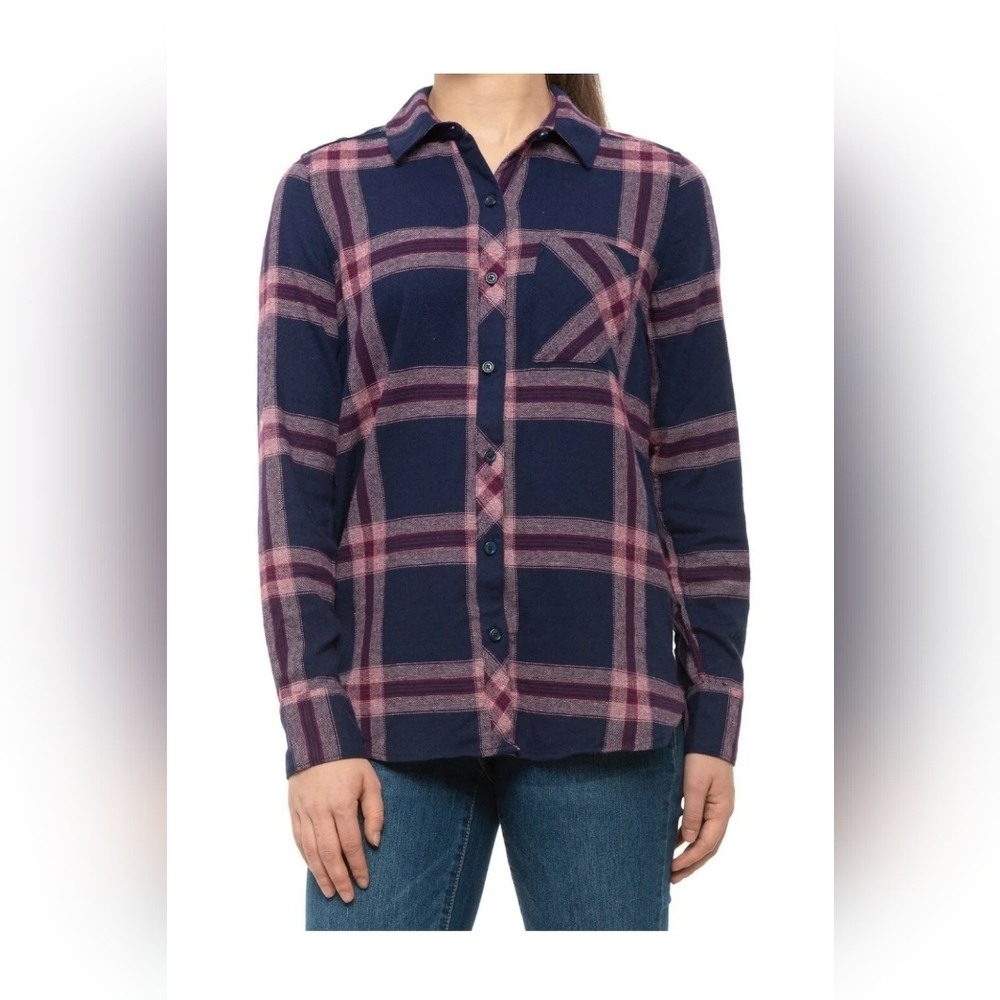 Women's XXL Woolrich Cotton Flannel Plaid Button Up Collared Shirt Purple Rose